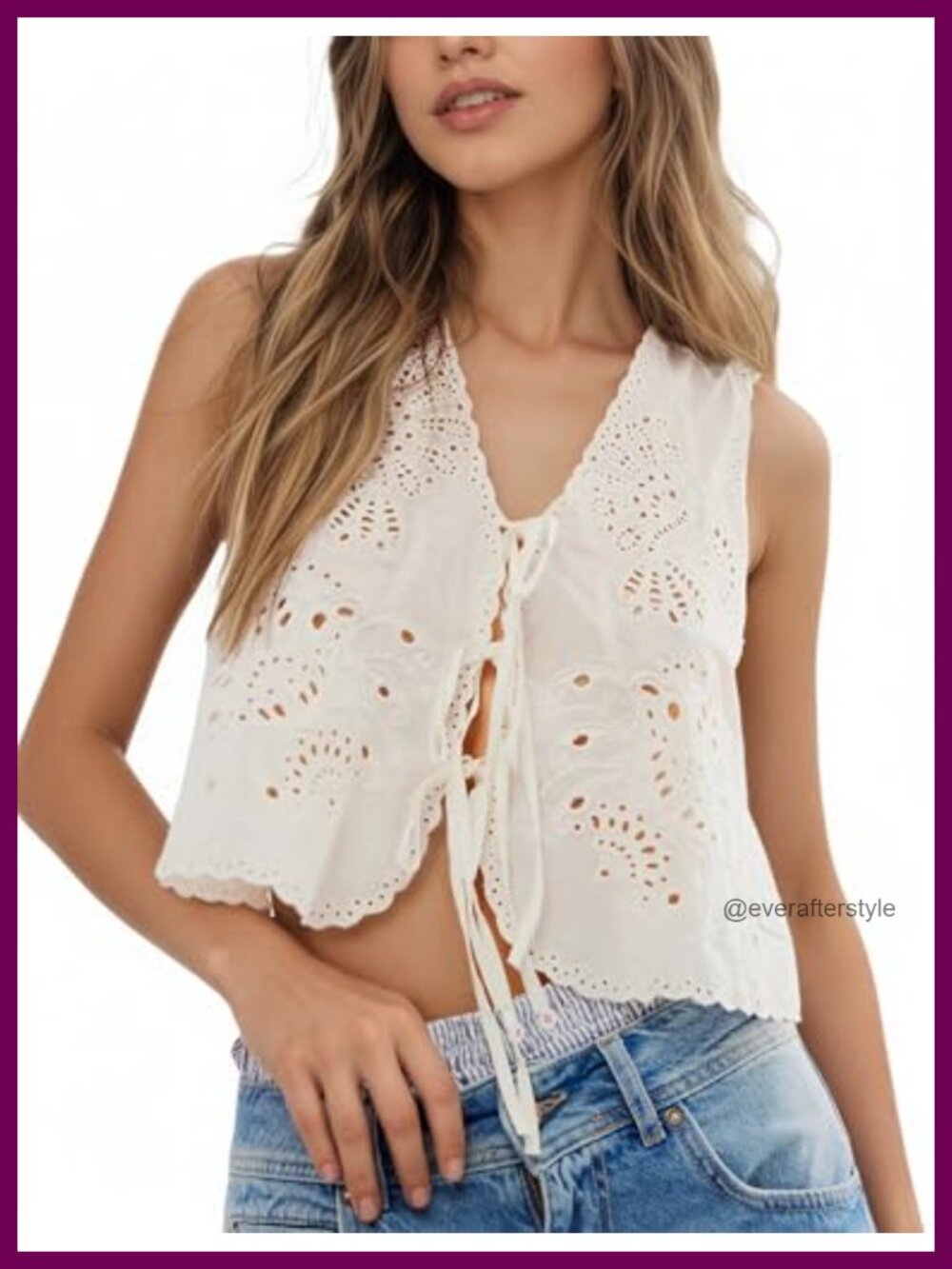 Womens Floral Embroidered Eyelet Tie Front Vest Top Cotton Sleeveless